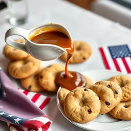 pouring gravy from a gravy - boat onto a plate of cookies next to a u. k. flag napkin, at a restaurant
