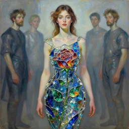 beautiful woman wearing a dress made from stained astral glass in the design of a rose. painting by artgerm and greg rutkowski and ilya kuvshinov paul lerh