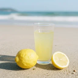 35mm shot of a lemon chilling on the beach with lemon juice