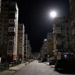 cinematic shot of the street of the Russian slum city on the Moon, high rise community, high contrast, black sky, bright sun, Roger Dean, Chris Foss, artstation, sharp focus, realistic, octane render, nvidia raytracing demo
