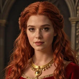 portrait of a female princess, ginger hair, tanned, beautiful, golden necklace, red tunic, close - up, stunning, detailled, by luis royo, by pixar, by myazaki, game of thrones, gothic, final fantasy, fantasy, medieval