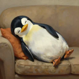 fat penguin sleeping on couch ,digital painting by William-Adolphe Bouguereau and and boris vallej