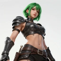 camera angle from below, a muscular young female warrior in dark leather armor with studs, short green hair, fantasy, art by joseph leyendecker, peter mohrbacher, ruan jia, finnian macmanus, marc simonetti, dean cornwell, ayami kojima, vasnetsov, cedric peyravernay, alphonse mucha
