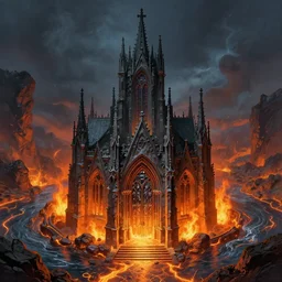 a small obsidian gothic cathedral with a giant obsidian door, in the elemental plane of fire, with rivers of lava surrounding it, Dungeon and Dragon illustration, painted by Greg Rutkowski, 4k, trending on ArtStation