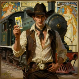 a dramatic ethereal epic painting of a handsome villainous cowboy standing in front of a train locomotive | his shirt is unbuttoned and he has a pocketwatch | tarot card, art deco, art nouveau, ( steampunk ), homoerotic, realistic | by louis comfort tiffany and alphonse mucha | trending on artstation