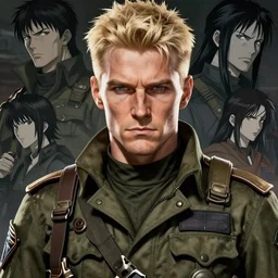 An older, ruggedly handsome dieselpunk man in military fatigues || VERY VERY ANIME!!!, fine-face, handsome face, blond hair, realistic shaded Perfect face, fine details. Anime. realistic shaded lighting poster by Ilya Kuvshinov katsuhiro otomo ghost-in-the-shell, magali villeneuve, artgerm, Jeremy Lipkin and Michael Garmash and Rob Rey