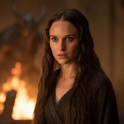 epic photo of natalie portman as beautiful white wizard in lord of the rings with long straight black hair fighting the balrog in the mines of moria, sweaty, detailed eyes, neutral expression, shallow depth of field, photorealistic, cinematic lighting, lovely bokeh, warm colours, dark moody light, strong rim light, movie quality, fire, lord of the rings 1 9 8 5, movie still