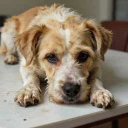 a castrated, dreaded close up of a dog on a table by winona nelson, tumblr, messy, beautiful, high resolution