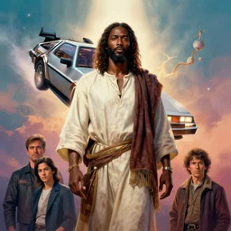 3 d vfx - movie poster - art of an african jesus with a flying delorean, art style by joseph christian leyendecker, drew struzan, tenmyouya hisashi & ernie barnes, unreal engine render, digital illustration, sharp, intricate detail, volumetric lighting, ray tracing, soft light, colourful, pinterest, artstation, behance