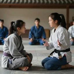 a dojo with students arguing with each other