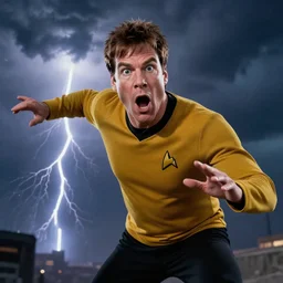 captain j. kirk from star trek looking amazed with his mouth and eyes wide open. film still, detailed face!!, ultra realism, dramatic lighting, thunderstorm, action pose, zeiss lens, canon eos, artstation, dynamic pose, redshift, octane