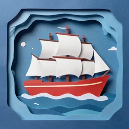 a Layered paper art of a ship in a stormy sea