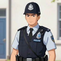 A British police officer wearing a custodian, highly detailed, anime art style, trending on art station
