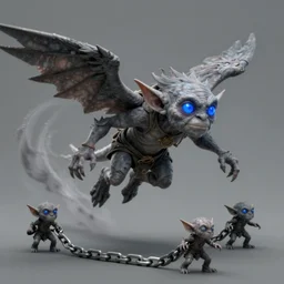 a highly detailed flying goblin with grey skin and blue eyes that glow, grey background, surrounded by wind, like magic the gathering, goblin chainwalker, digital art, by christopher rush