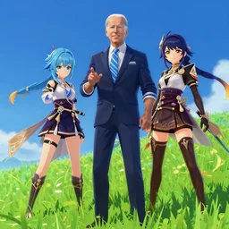 Image of handsome photorealistic Joe Biden and an anime swordfighter girl on a bright green grassy hill with a deep blue sky in Genshin Impact pixiv game art