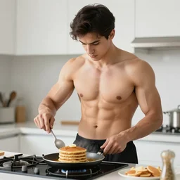 a hot shirtless 2 0 years old man with abs and bisceps cooking pancakes