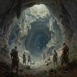 cinematic view of deep retro scifi cave, futuristic, desaturated, psychedelic, tim hildebrandt, wayne barlowe, bruce pennington, donato giancola, larry elmore, oil on canvas, masterpiece, trending on artstation, featured on pixiv, cinematic composition, dramatic, beautiful lighting, sharp, details, hyper - detailed, hd, hdr