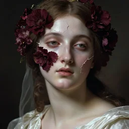 hyperrealism close - up mythological portrait of an exquisite medieval woman's shattered face partially made of maroon flowers in style of classicism, wearing white silk dress, dark palette