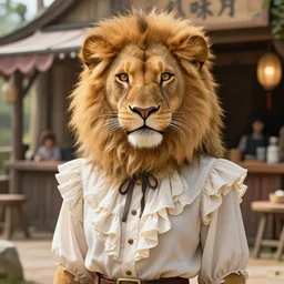 beautiful portrait of a female anthropomorphic lioness fursona wearing a fancy ruffled shirt outside a fantasy tavern. character design by charlie bowater, ross tran, artgerm, and makoto shinkai, detailed, soft lighting, rendered in octane