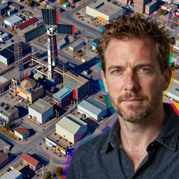 a satellite view of an industrial city with geometric shapes mixed with portrait photography by tristan eaton, glitches, primary colors
