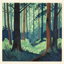 something's in the woods. color woodblock print, private collection.