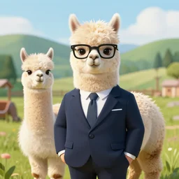 a portrait of a male alpaca character in a scenic environment by ndrews, esao, in suit with black glasses