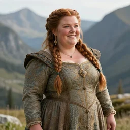 beautiful dwarven lady wearing an elegant brocade dress in the mountains, by greg staples, dungeons and dragons, lord of the rings, intricate, realistic, cheerful, complex braided hair, chubby and plump, big nose!!!!!, sharp focus, sunlight, soft lighting