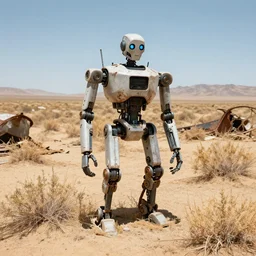 scrap yard for robot outcasts, desert landscape, dried vegetation, drought, sunny, photorealistic