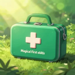 zoom of magical first aid kit, in a gentle green dawn light, studio ghibli, clean cel shaded vector art, cinematic lighting, volumetric lighting, smooth, sharp focus, highly detailed, render in unreal engine 5, artstation, deviantart, behance, trending, epic composition, octane, light rays, award - winning