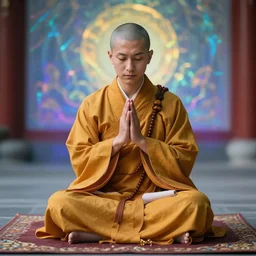 a holographic of a monk praying while sitting down.