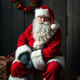 santa claus is sitting on santa claus's knee, realistic photography