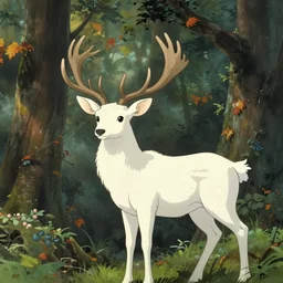 a beautiful illustration of a white deer with antler, in a forest, autumn, fantasy, morning light, mist, cinematic shot, studio ghibli, moebius