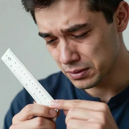 visibly sad crying man pinching a ruler!!!!!!!!!!, high resolution photo