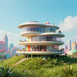 three - story, retrofuturistic house on grassy mountain hill overlooking colorful retrofuturistic city, award winning photograph, 5 5 mm, cinematic, trending on pinterest