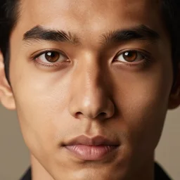 extreme close - up shot, studio photography portrait of a beautiful indian and southeast asian man, light brown eyes, in the style of saul leiter, depth of field, photorealistic, face symmetry, warm lighting, 2 4 mm, 8 k