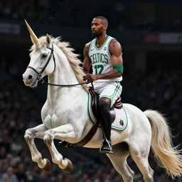 Kevin Garnett Riding a Unicorn, Digital Art, Dramatic Lighting, Celtics Legend