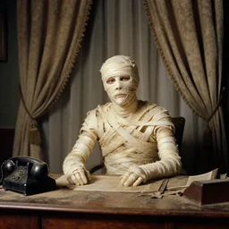 Portrait of a mummy sitting at a very old desk, with very old curtains in the room. The desk has a very old phone on it. Dusty air