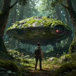 a man finding a ancient mossy alien spaceship in a forest, anime style, octane render, hyperrealistic, unreal engine 5, fancy lighting, trending on Artstation, highly detailed, high quality, post processed, 8K HDR