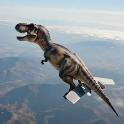 a t - rex flying a fighter jet