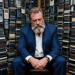 dslr photo still of infowars host alex jones in a blue suit fat grey beard and mustache!!! sitting depressed!!! in a room filled to the ceiling with cell phones stacks of cell phones cell phones stacks cell phones filling the entire room, 5 2 mm f 5. 6