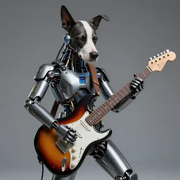 a portrait of an anthropomorphic cyberpunk dog, shredding an electric guitar by sandra chevrier, by jon foster, detailed render, epic composition, cybernetics, 4 k realistic, fender stratocaster, cryengine, realistic shaded lighting, sharp focus, masterpiece, by enki bilal