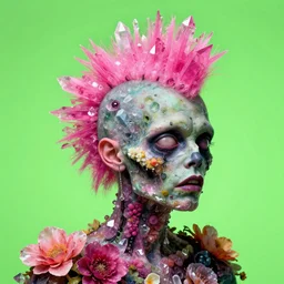 a portrait of a punk rock zombie, full head and shoulders visible, pink crystal mohawk, skin made of crystals fruit and flowers, Baroque, Arcimboldo, character design, expressionistic, neon green background