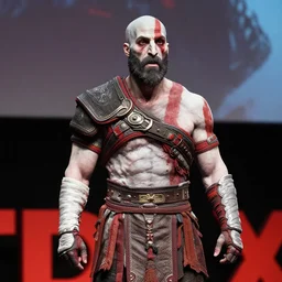 Sam Hyde in God of War 4, sigma male, rule of thirds, accurate detail, high quality features, award winning photo, unreal engine, speaking on stage at TedX
