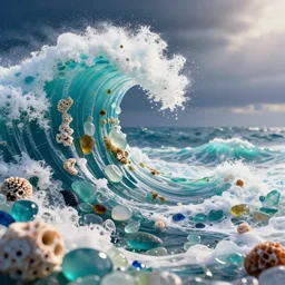 kanagawa waves made from sea glass and fossilised resin, unreal engine 5, highly detailed, dramatic lighting, bright colours, 8 k