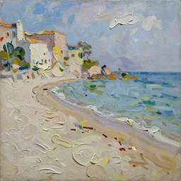 palette knife painting of a close up of a three - dimensional thick impasto oil painting of a beautiful italian beach scene, lots of thick encrusted paint, lots and lots of wax - like lines of dripping oil paint cover nearly everything, painted by monet signac and frank auerbach, background thick encrusted paint, very limited colour palette