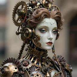 beautiful ornate mechanical victorian woman with a cracked porcelain face, steampunk, intricate details, portrait, realistic octane render, shallow depth of field, 8k