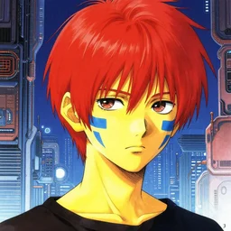 manga cover, red-haired teenager with yellow skin and blue facial markings, short hair, intricate cyberpunk city, emotional lighting, character illustration by tatsuki fujimoto