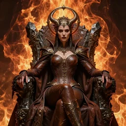 evil steampunk pyromancer woman, ornamental halo, covered in full skintight bodysuit, corset, brown body, intricate robes, sitting on obsidian throne, fractal fire background, sharp focus, highly detailed, perfect face, cinematic lighting, studio quality, chiaroscuro, smooth render, unreal engine 5 rendered, octane, rendered, by artgerm, greg rutkowski, alphonse mucha
