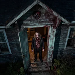 cinematic colorful horror artwork by artgerm, beksinski, bernie wrightson, stephen king ; real life full portrait of rotten hideous man standing at the open front door of house ; top angle aerial view ; dark ominous scary, 8 k hdr, creepy intricate ; volumetric dramatic lighting, insanely detailed, haunting