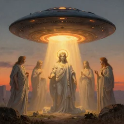 UFO attack, lit by the light of gods, sunrise, hyper detailed, artstation, cgsociety by greg rutkowski and by Gustave Dore